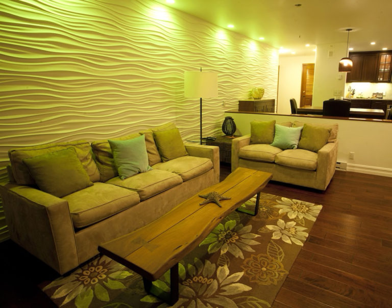 Living room with white sofas and wood coffee table