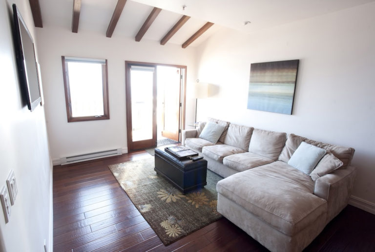 Living room with sectional sofa and ocean art