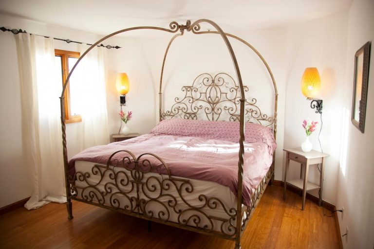 Bedroom with wrought-iron canopy king bed