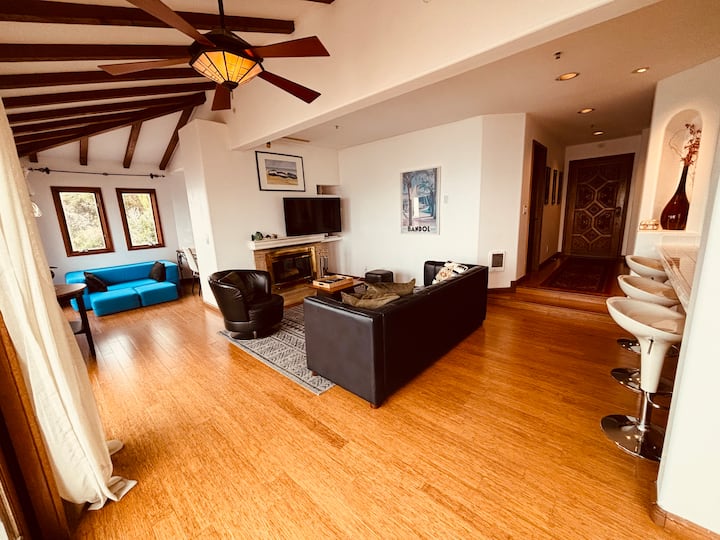 Living room with fireplace, leather sofas and wood floors