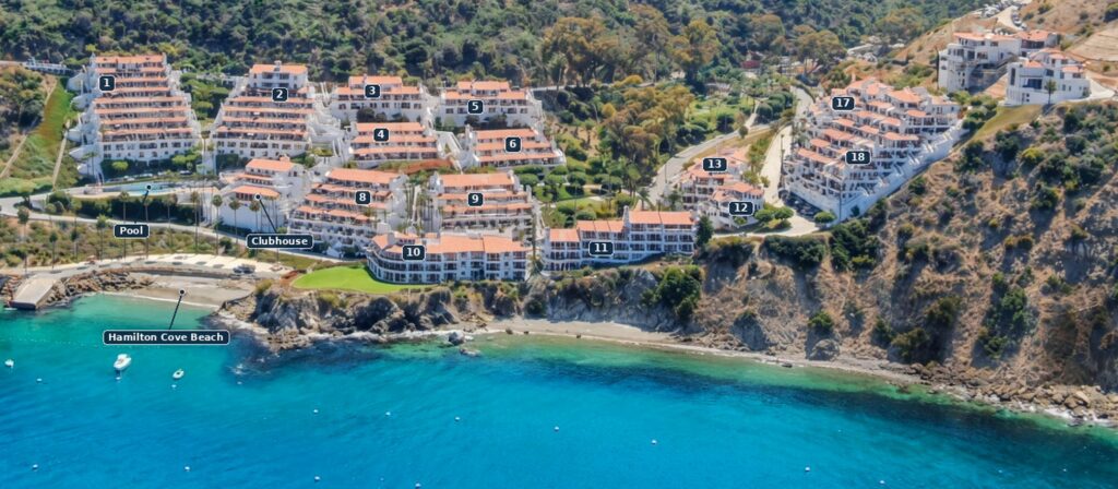 Hamilton Cove seen from the air, on the coast just north of Avalon, with the resort marked.